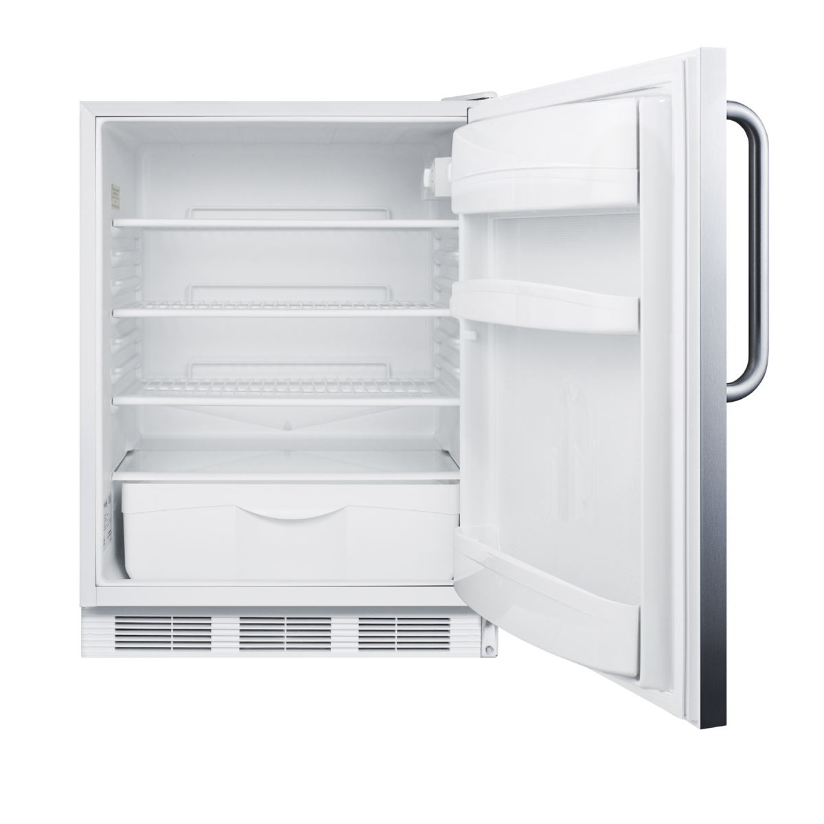 ADA compliant commercial all-refrigerator for freestanding general purpose use, auto defrost with lock, SS wrapped door, towel bar handle, and white cabinet